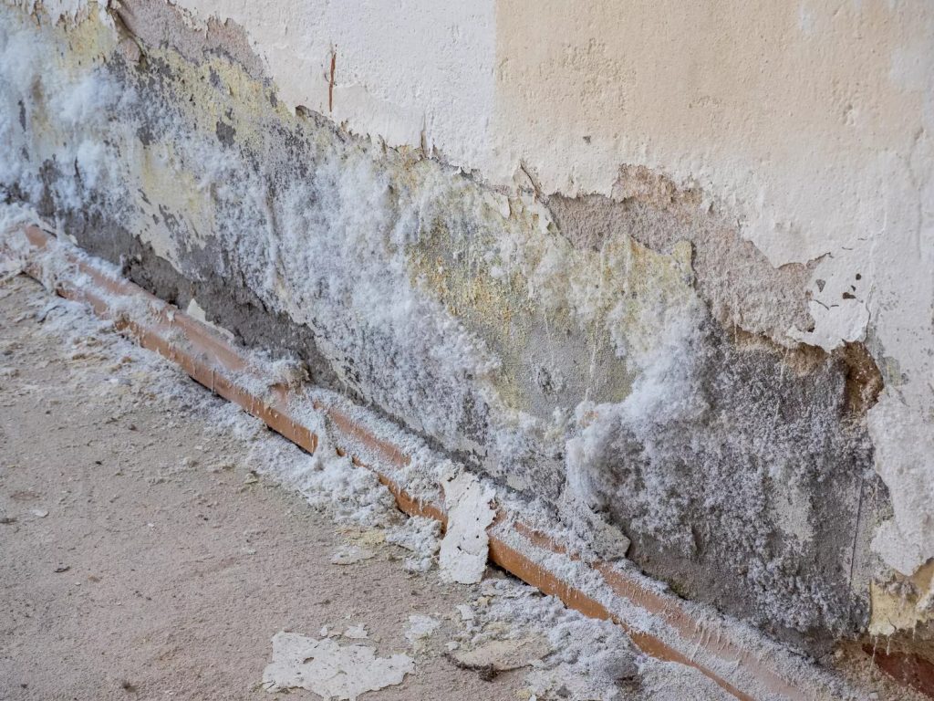Mur intérieur dégradé par l’humidité et le salpêtre, Raval d’Oise